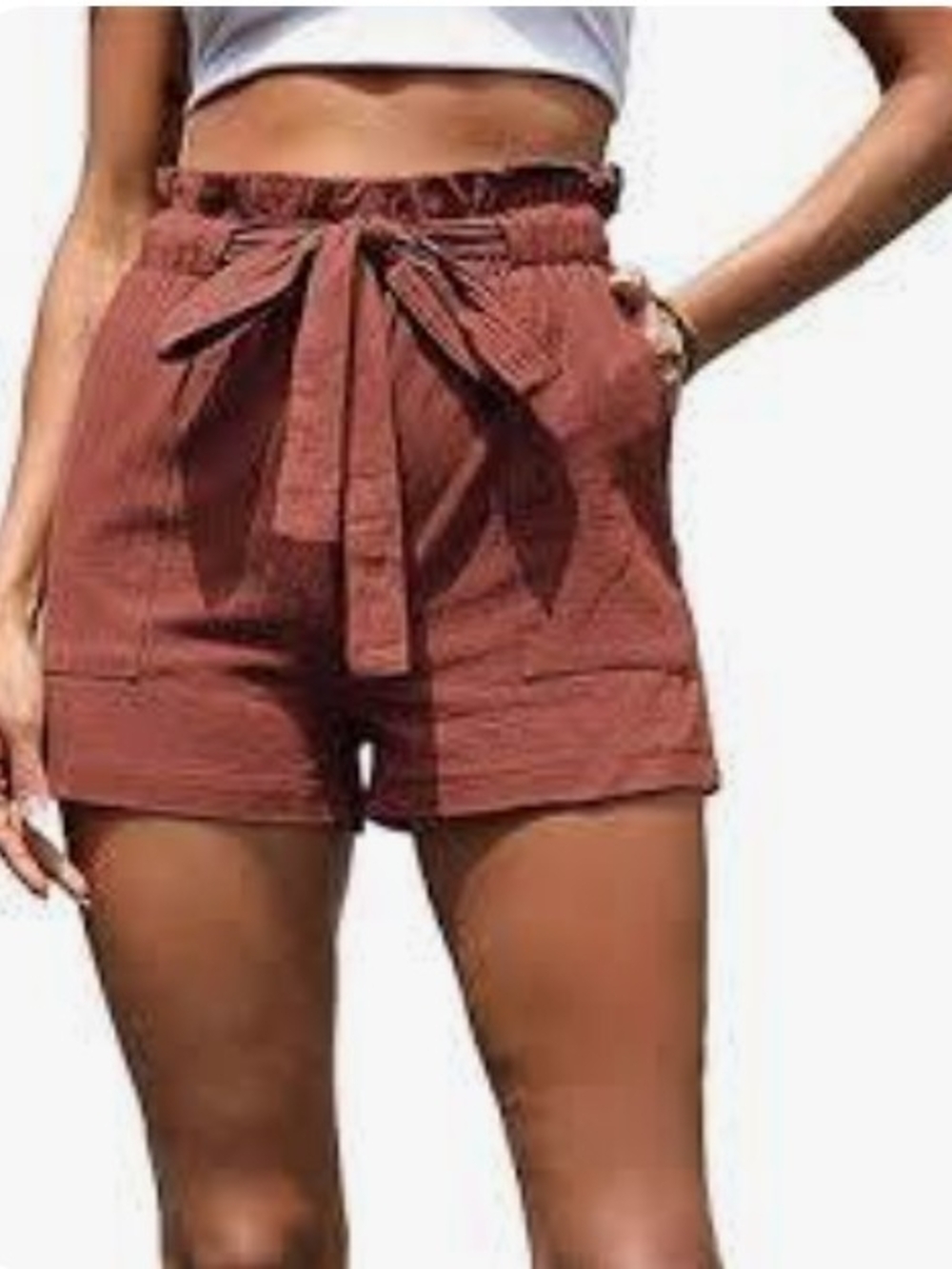 entro High-Waist Paperbag Tie Shorts in Rust